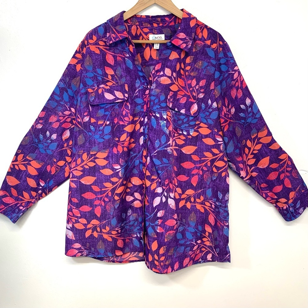Denim Co Button Up Shirt Woman 2X Purple Print Long Roll Tab Sleeve Colorful